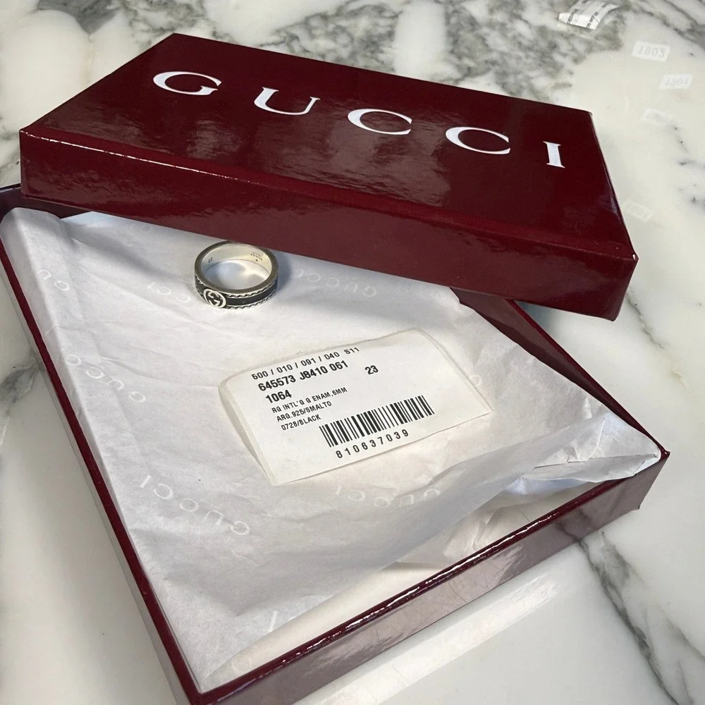 Gucci 745573 Interlocking GG Black Sterling Silver 925 Ring Size 23 US 10.25